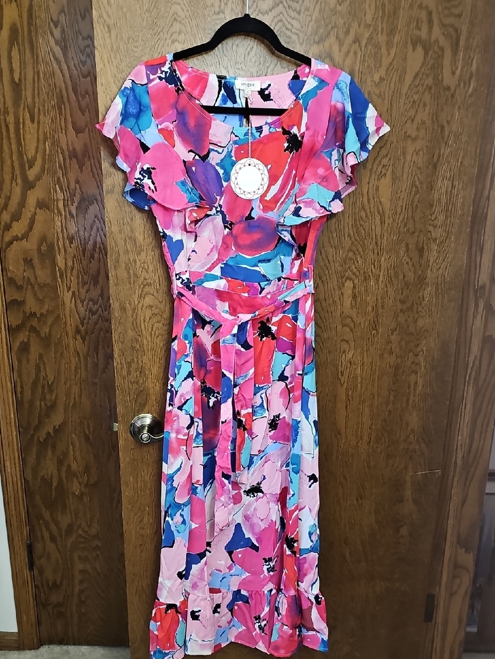 Umgee Pink & Blue Floral Maxi Dress with Tie Waist